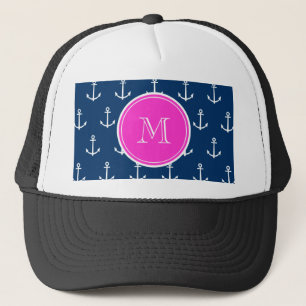 Navy Blue White Anchors Pattern, Hot Pink Monogram Trucker Hat