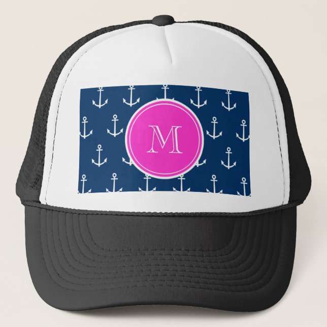 Navy Blue White Anchors Pattern, Hot Pink Monogram Trucker Hat (Front)