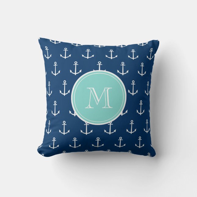 Navy Blue White Anchors Pattern, Mint Green Monogr Cushion (Front)