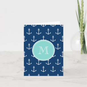 Navy Blue White Anchors Pattern, Mint Green Monogr Note Card
