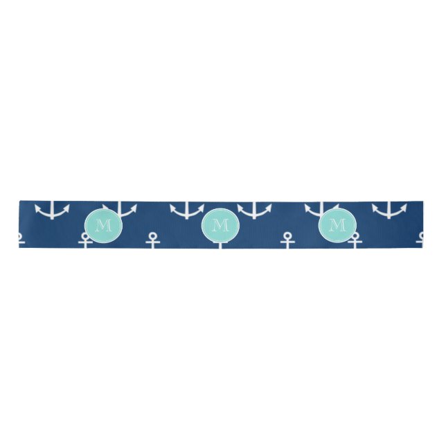 Navy Blue White Anchors Pattern, Mint Green Monogr Satin Ribbon (Front)