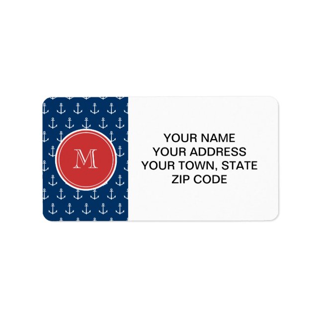 Navy Blue White Anchors Pattern, Red Monogram Label (Front)