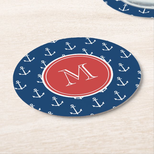 Navy Blue White Anchors Pattern, Red Monogram Round Paper Coaster (Angled)