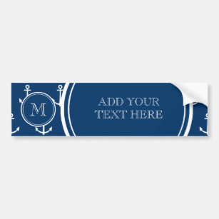 Navy Blue White Anchors Pattern, Your Monogram Bumper Sticker