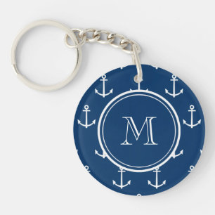 Navy Blue White Anchors Pattern, Your Monogram Key Ring