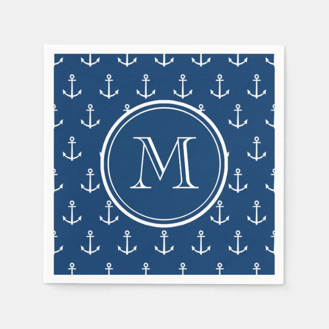 Navy Blue White Anchors Pattern, Your Monogram Napkin (Front)