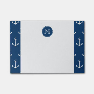 Navy Blue White Anchors Pattern, Your Monogram Post-it Notes