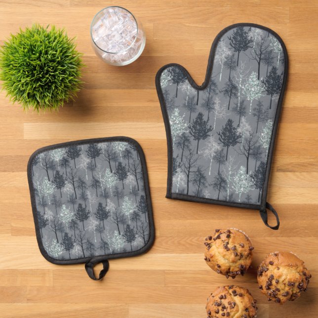 Navy Blue White and Faux Glitter Trees Oven Mitt & Pot Holder Set (Top Down)