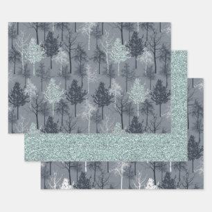 Navy Blue White and Faux Glitter Trees Wrapping Paper Sheet