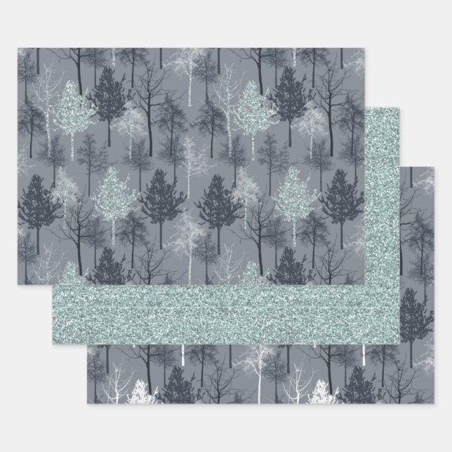 Navy Blue White and Faux Glitter Trees Wrapping Paper Sheet (Set)