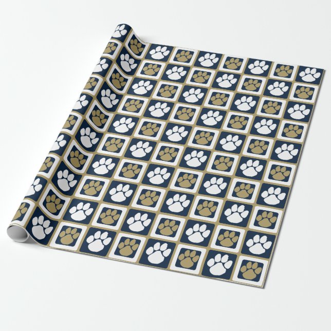 Navy Blue, White and Gold Repeating Pawprint Wrapping Paper (Unrolled)