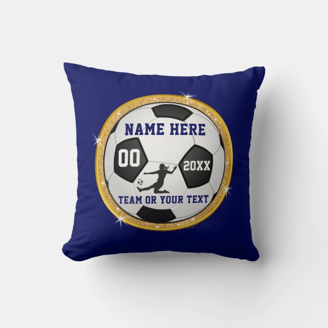 Navy Blue, White and Gold Soccer Gifts for Girls Cushion (Front)