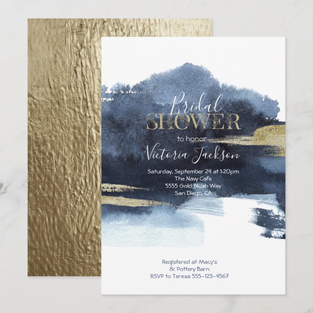 Navy Blue White and Gold Watercolor Bridal Shower Invitation (Front/Back)