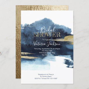 Navy Blue White and Gold Watercolor Bridal Shower Invitation