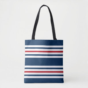Navy Blue, White and Red Striped Tote Bag