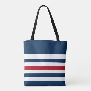 Navy Blue, White and Red Striped Tote Bag