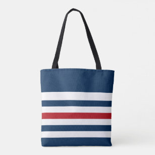 Navy Blue, White and Red Striped Tote Bag