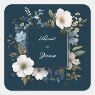 Navy Blue White Anemone Floral Modern Square Frame Sticker