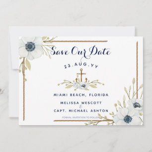 Navy Blue & White Anemone Nautical Anchor Wedding Save The Date