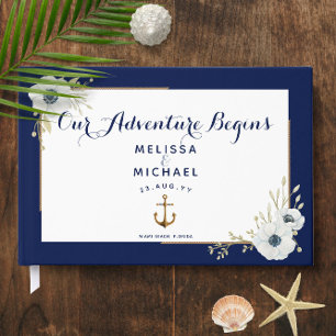 Navy Blue & White Anemones Nautical Wedding Guest Book