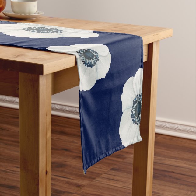 Navy Blue & White Anemones Short Table Runner (In Situ)