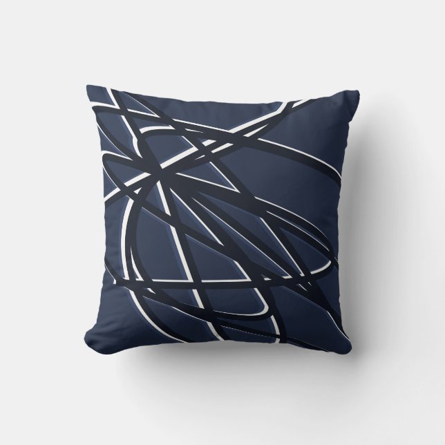 Navy Blue & White Artistic Abstract Linear Design Cushion (Front)