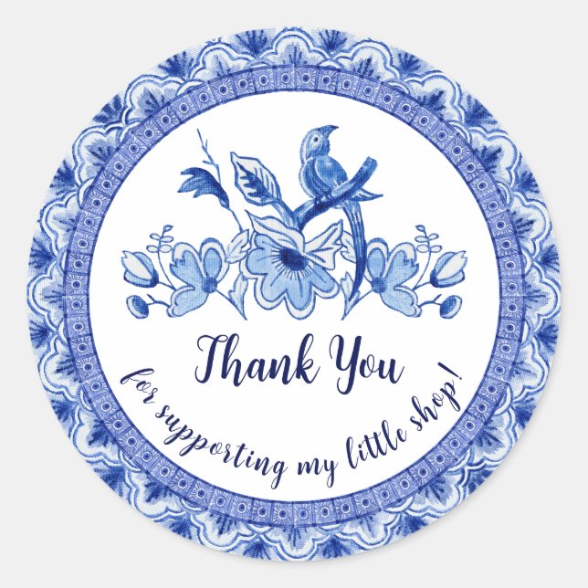 Navy Blue White Asian Chinoiserie Thank You Classic Round Sticker (Front)