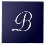 Navy Blue & White B Monogram script text Ceramic Tile<br><div class="desc">Navy Blue & White Monogram. White initial B on navy blue.</div>