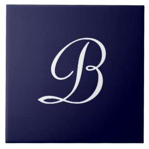 Navy Blue & White B Monogram script text Ceramic Tile