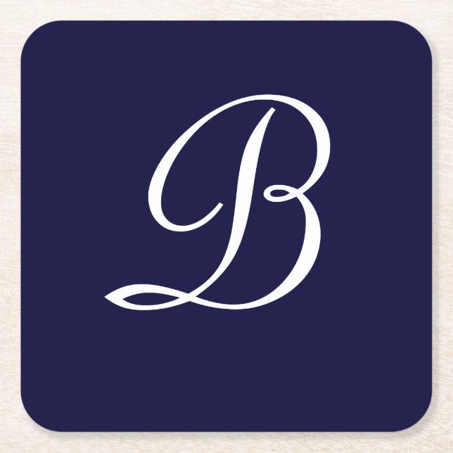 Navy Blue & White B Monogram script text Square Paper Coaster (Front)
