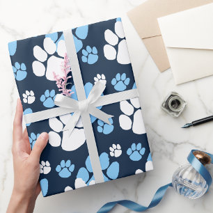 Navy Blue, White & Baby Blue Pawprint Wrapping Paper