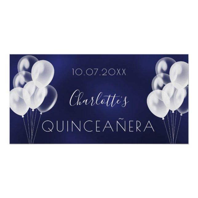 Navy blue white balloons Quinceanera party  Poster (Front)