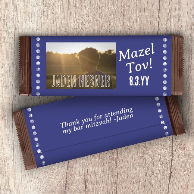 Navy Blue & White Bar Mitzvah Candy Bar Wrapper (navy blue bar mitzvah personalized photo chocolate candy bar wrapper, custom party favor label)