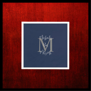 Navy Blue White Bar Mitzvah Name Monogram Napkin