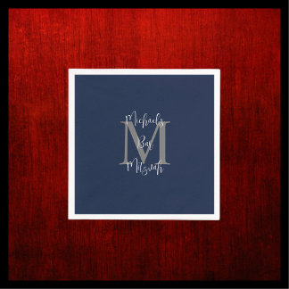 Navy Blue White Bar Mitzvah Name Monogram  Napkin