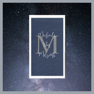 Navy Blue White Bar Mitzvah Name Monogram  Napkin