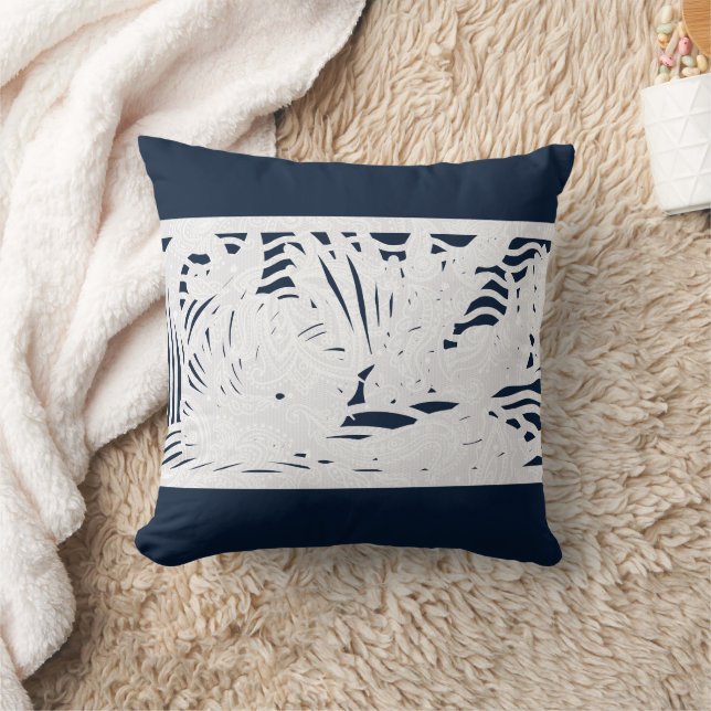 Navy Blue White Beach Coastal Seashells Cushion (Blanket)