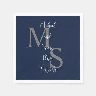 Navy Blue White B'nai Mitzvah Name Monogram  Napkin