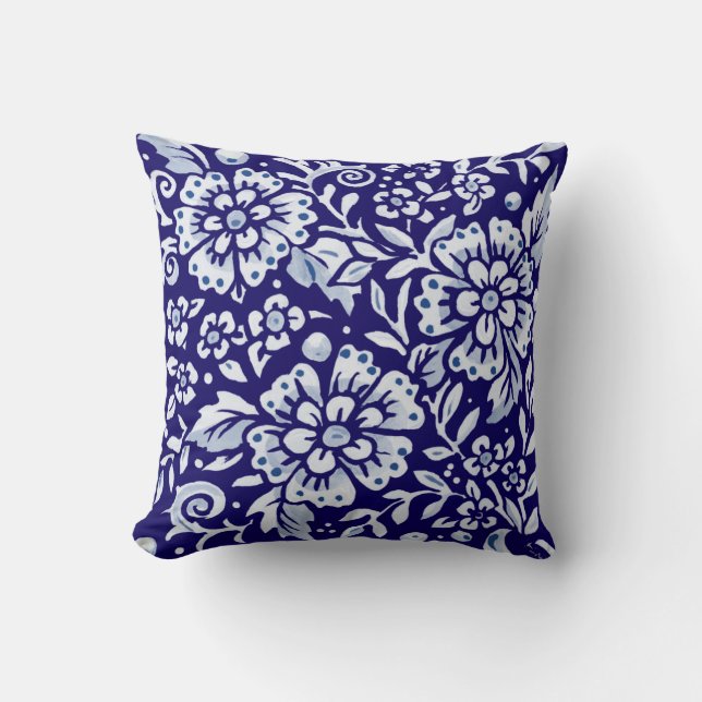 Navy Blue White Bold Floral Chinoiserie Design Cushion (Front)