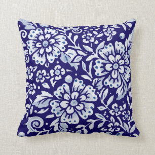Navy Blue White Bold Floral Chinoiserie Design Cushion