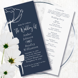 Navy Blue White Bold Floral Modern Simple Wedding  Program