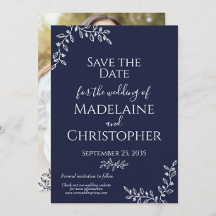 Navy Blue White Botanical Boho Photo Wedding Save The Date
