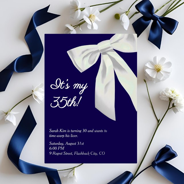 Navy Blue & White Bow "It’s My 30th!" Elegant Birt Invitation (Creator Uploaded)