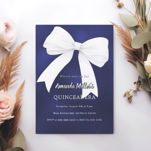 Navy blue white bow Quinceanera Invitation