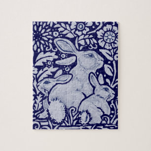 Navy Blue & White Bunny Rabbit Family & Flowers Jigsaw Puzzle