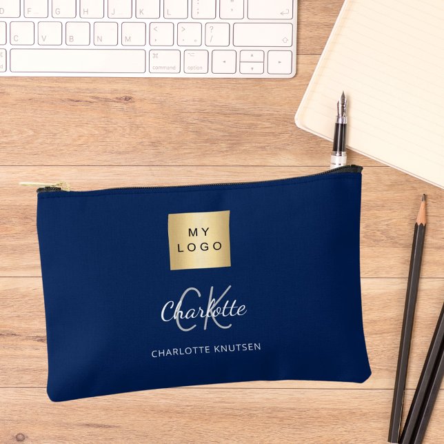 Navy blue white business logo name monogram accessory pouch (Creator Uploaded)