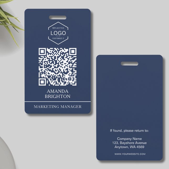 Navy Blue White Business Logo QR Code  ID Badge (Creator Uploaded)