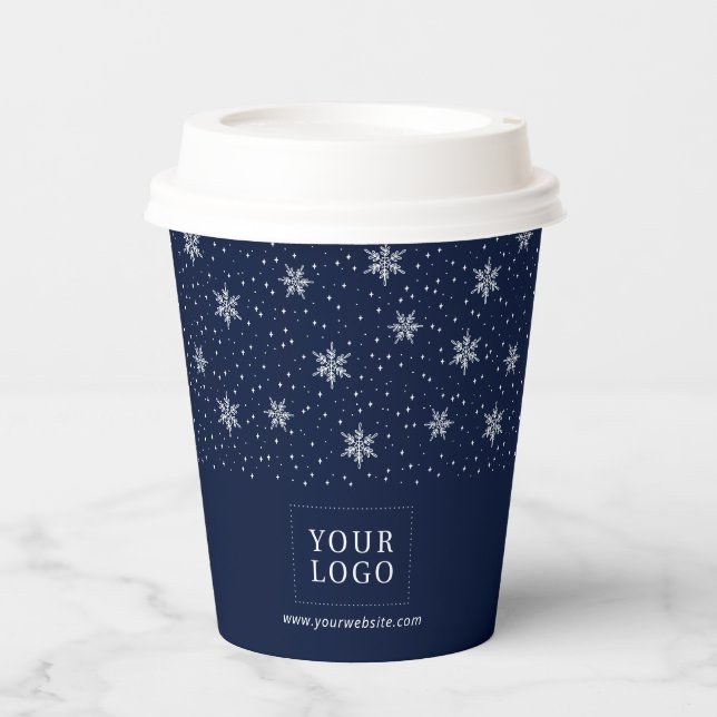 Navy Blue & White | Business Logo Winter Holiday Paper Cups (Front)