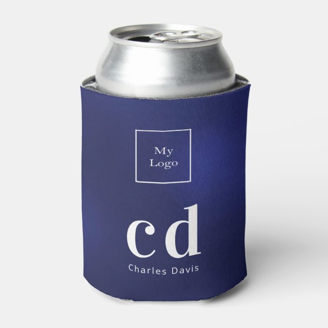 Navy blue white business monogram name logo can cooler (Can Front)