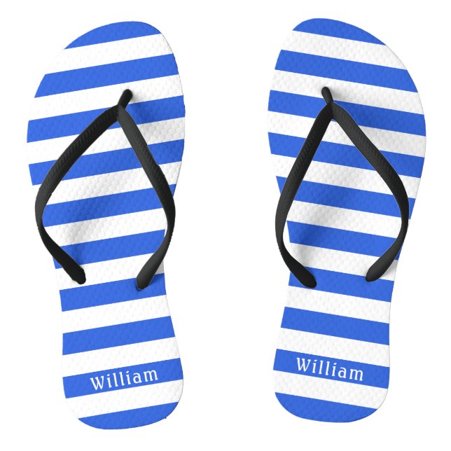 Navy Blue White Cabana Stripes Personalised Beach Thongs (Footbed)